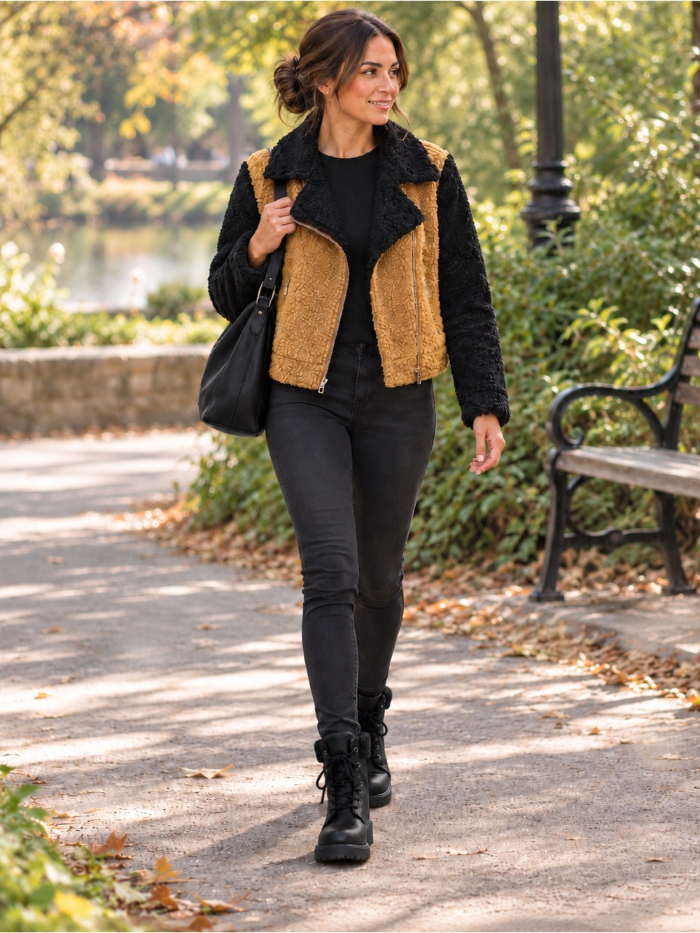 Nine West Camel Black Faux Shearling Colorblock Moto Jacket Size S